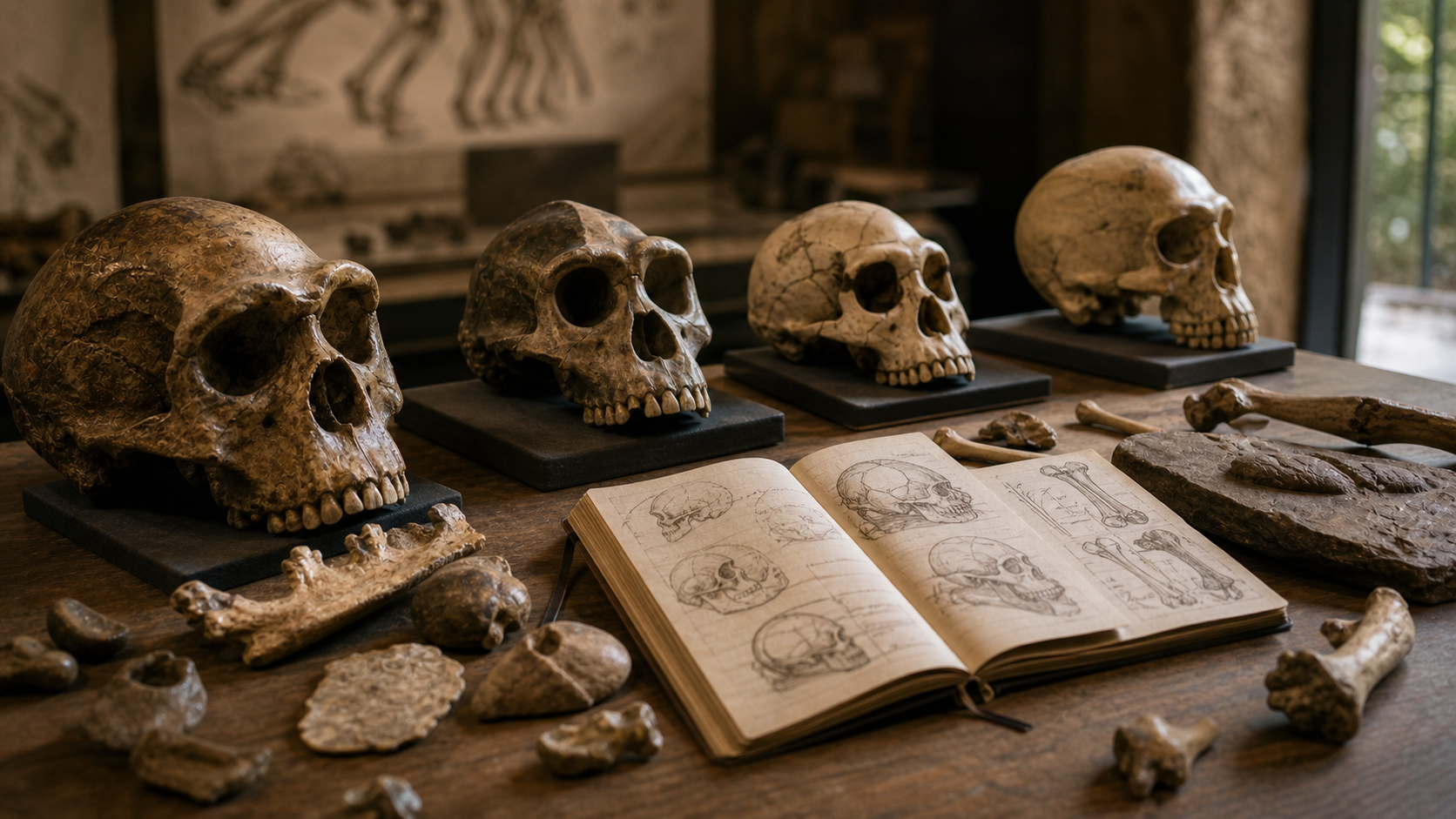 Museumdisplay met fossiele botten en notities bij evolutie van de mens