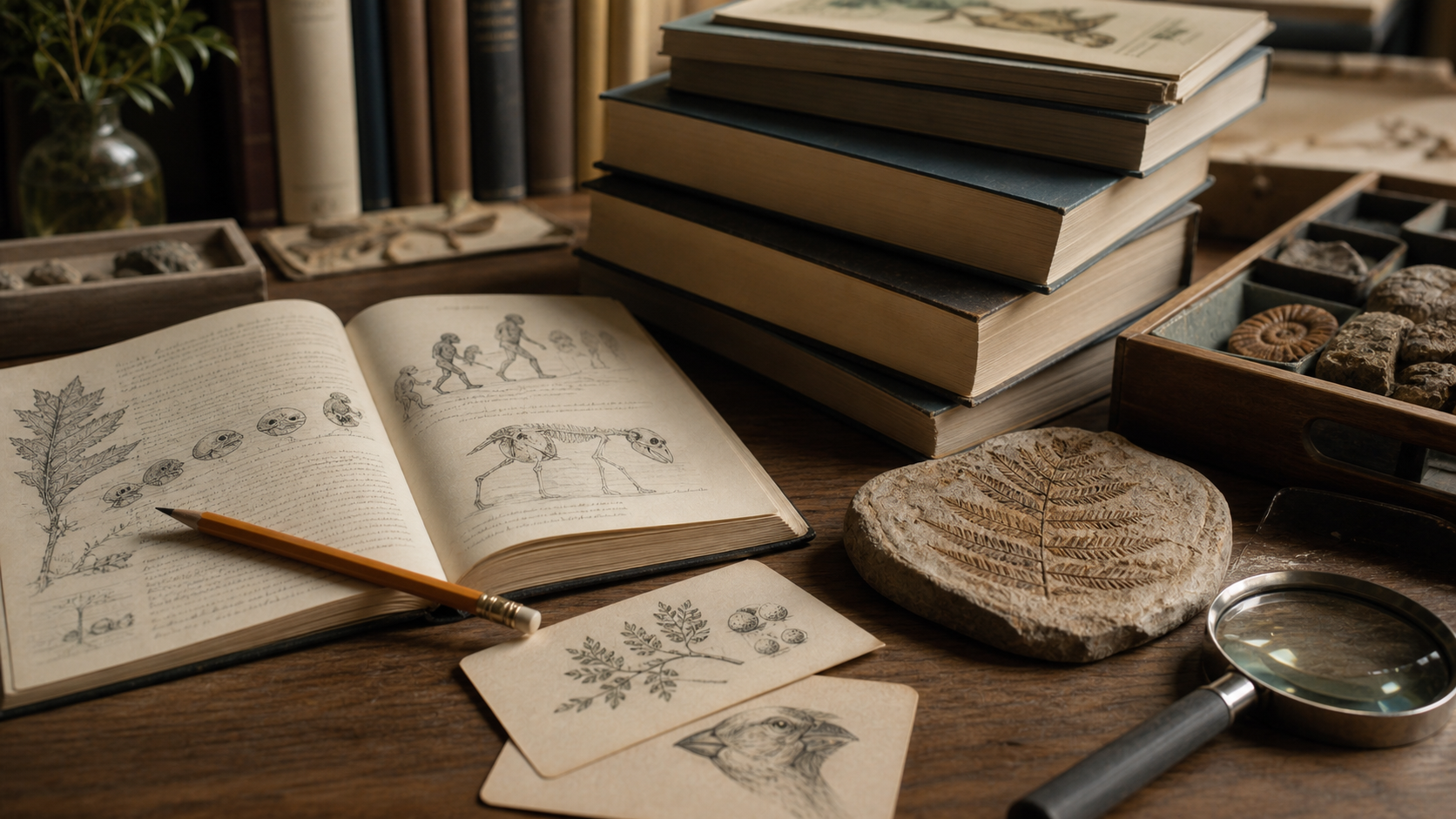 Boeken en leermateriaal over evolutie op een rustige bibliotheektafel