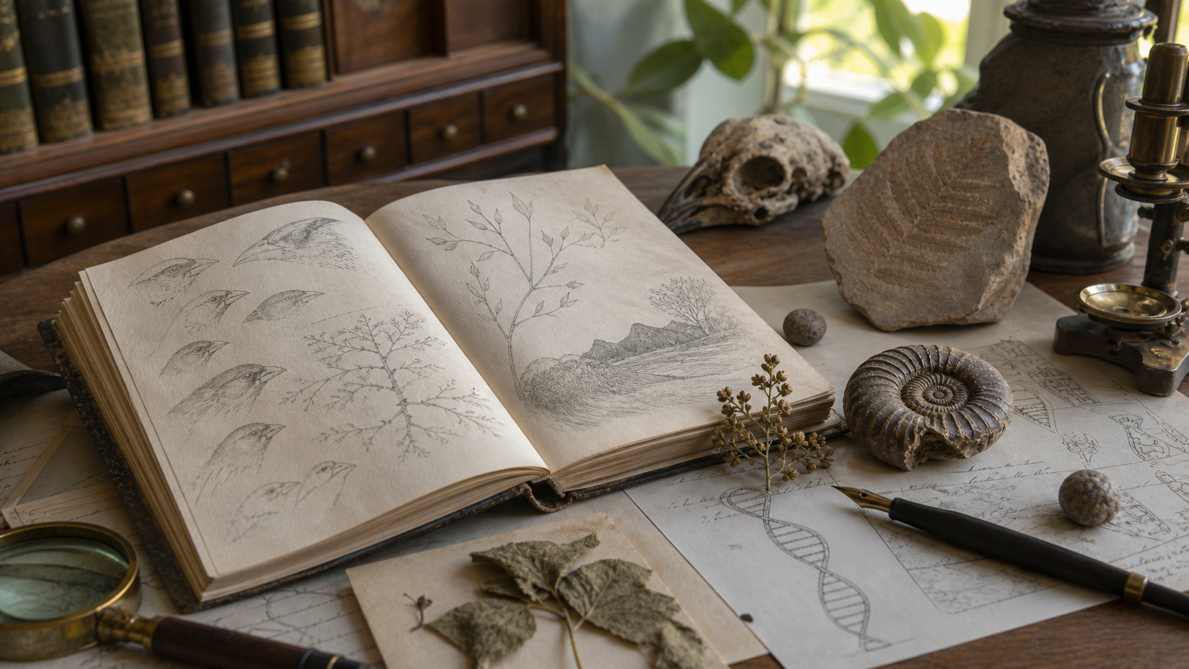Natuurhistorisch bureau met fossiel en veldnotities over Darwin en evolutie